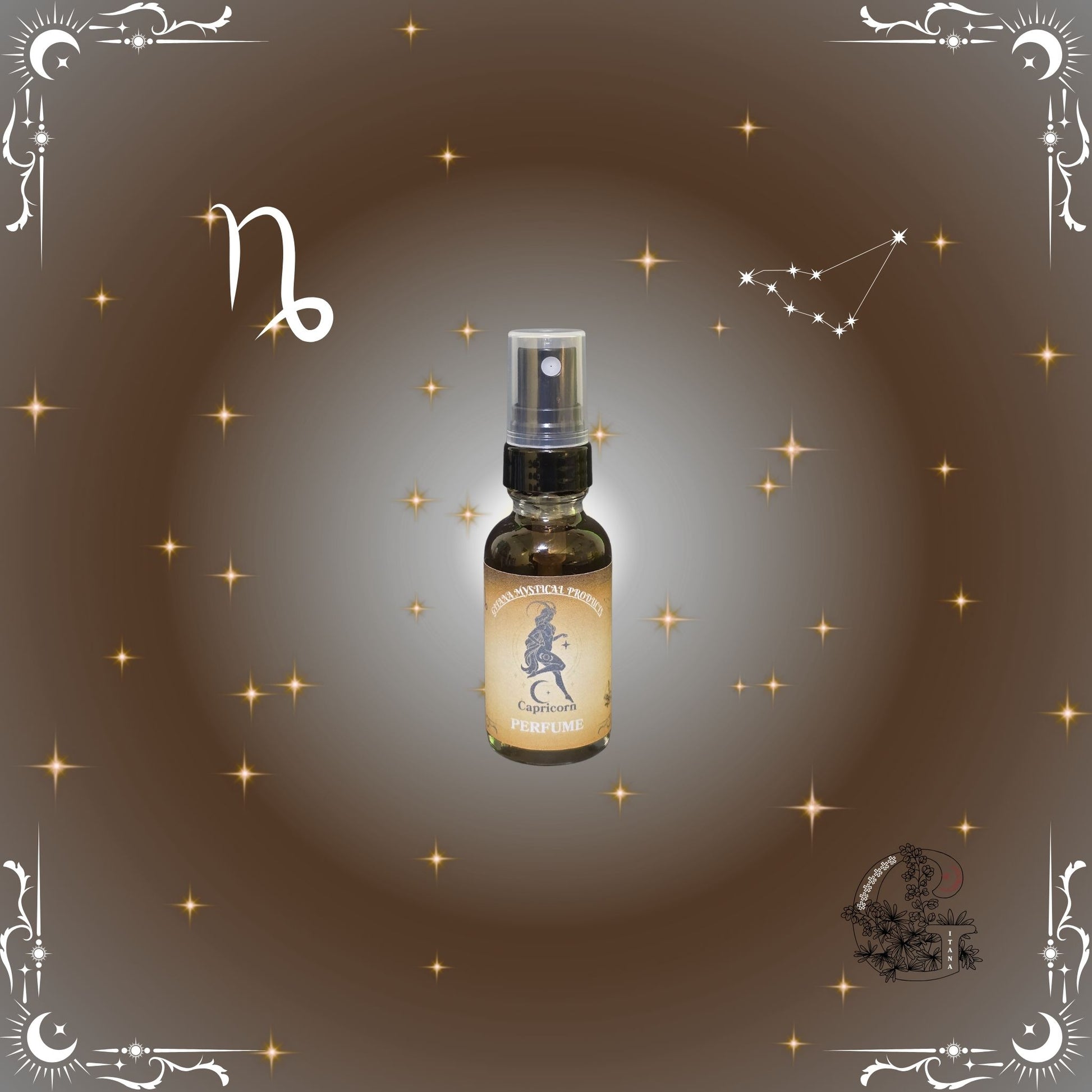 Capricorn Zodiac Perfume – grounding and structured fragrance with warm brown and golden undertones.