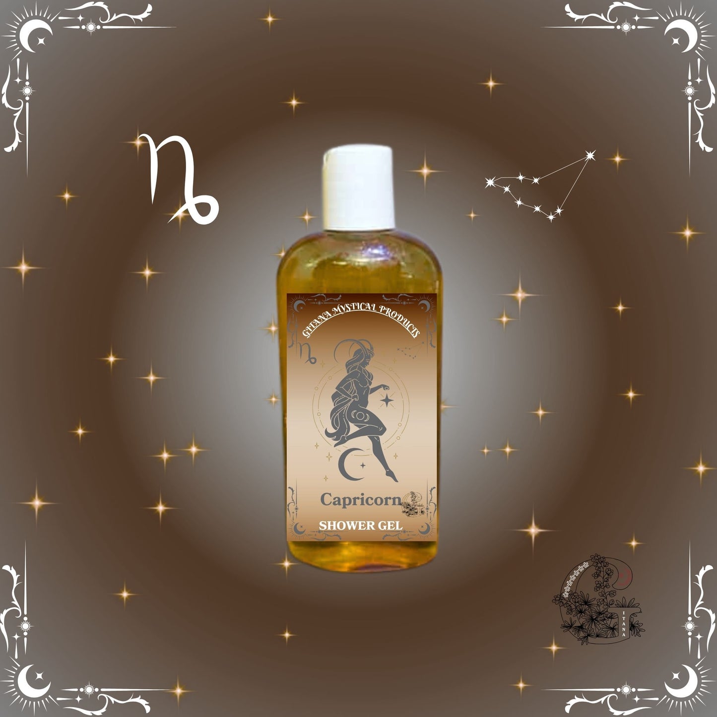 Capricorn Zodiac Shower Gel – grounding and structured cleanser with warm brown and golden hues.