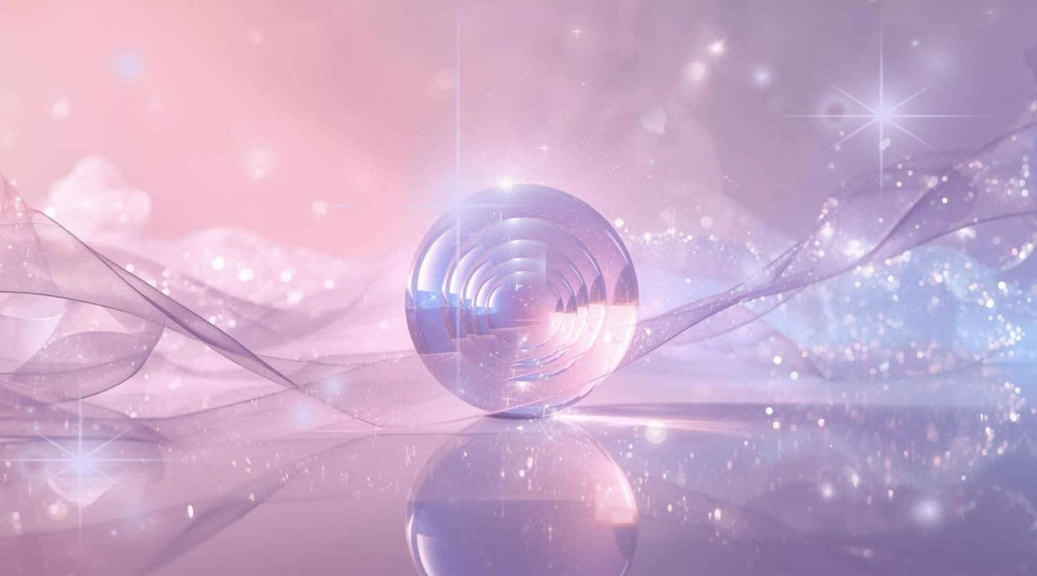 Discover the essence of Gitana Mystical Products – dreamy pastel banner with glowing crystal sphere, soft sparkles, and mystical atmosphere.