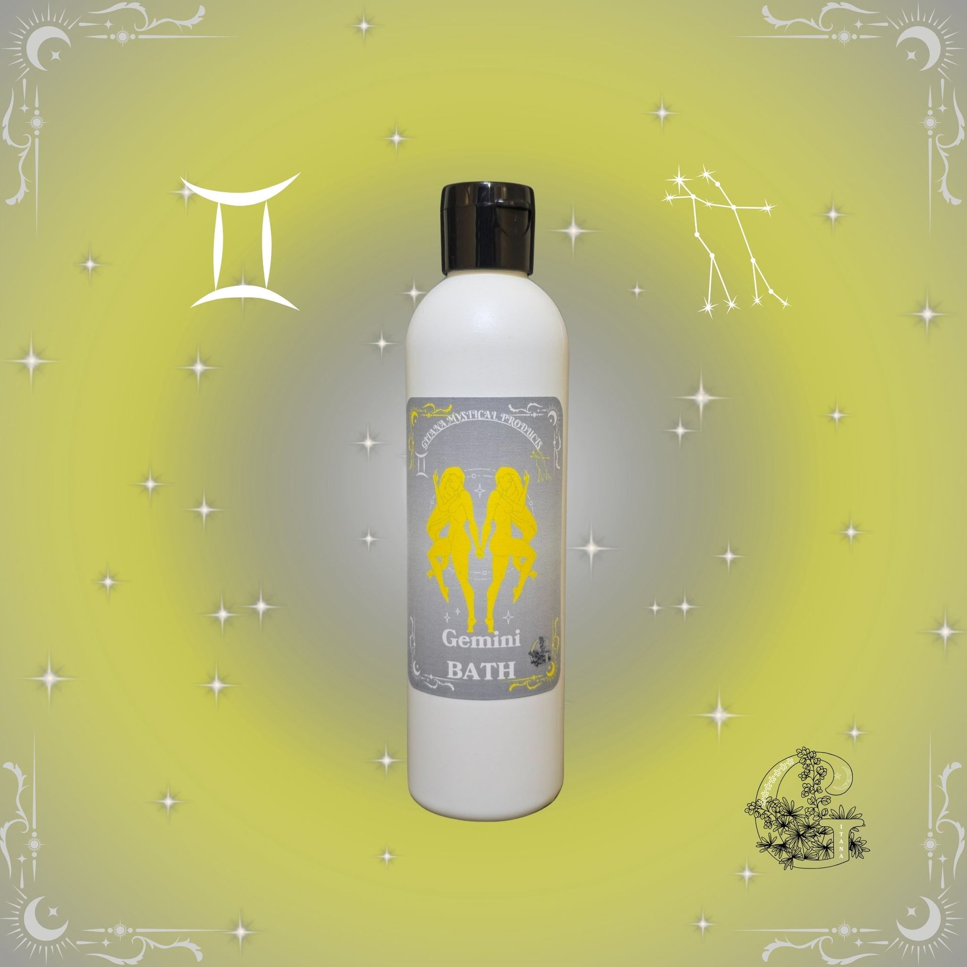 Gemini Zodiac Aromatic Bath Soak – dual-energy handcrafted soak with yellow glow and airy design.