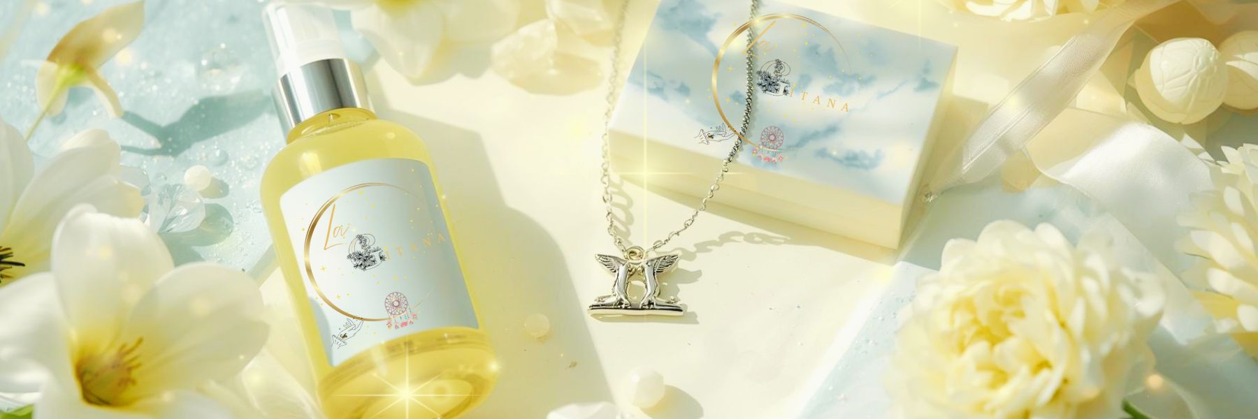 Gemini Zodiac Collection banner by Gitana Mystical Products – yellow set with handmade soap, spray, perfume, and Gemini zodiac necklace.