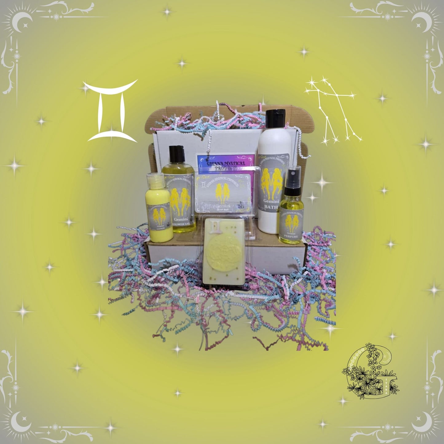 Gemini Zodiac Full Gift Set – bright and versatile handcrafted collection featuring bath, soap, lotion, shower gel, and perfume in golden-yellow tones reflecting duality and creativity.