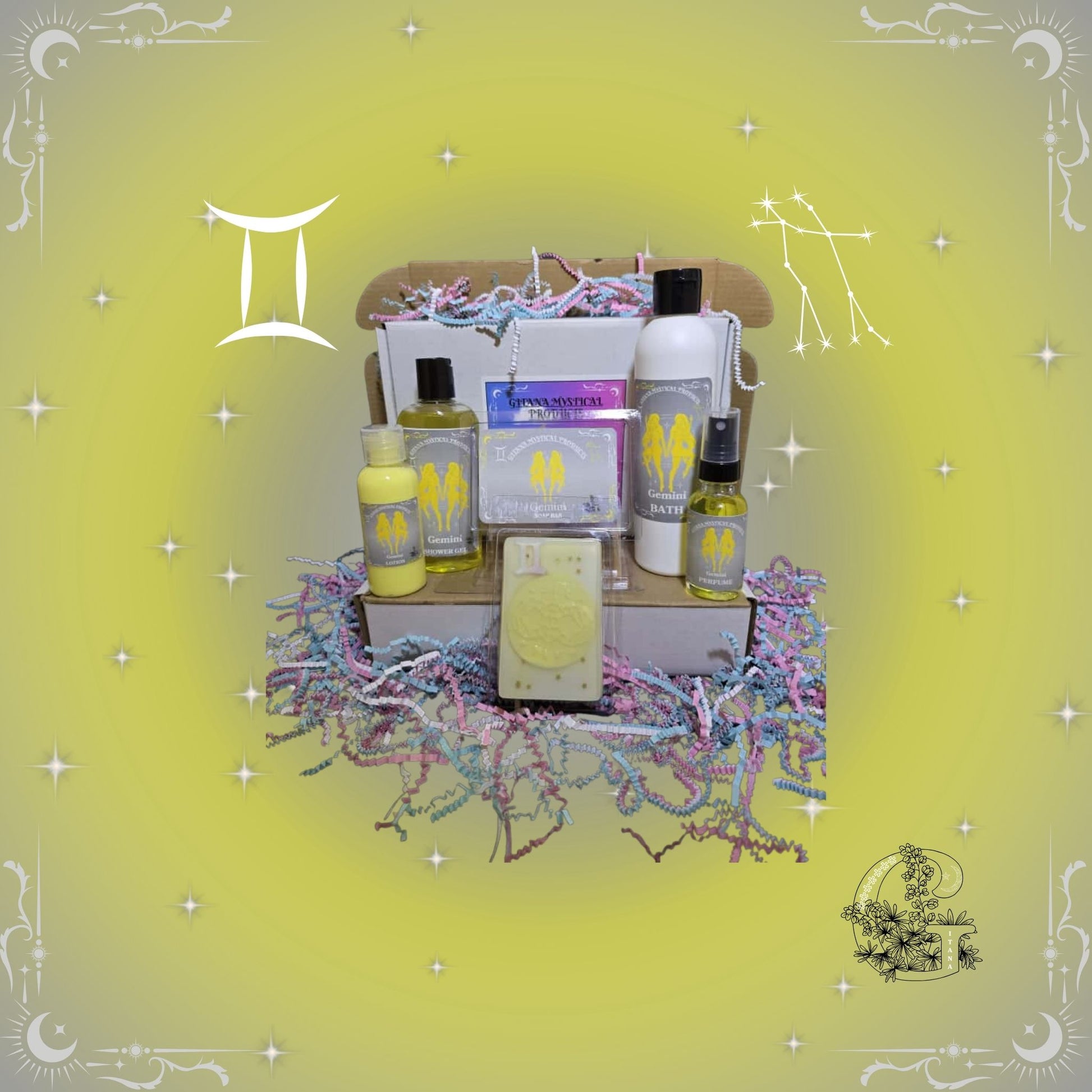 Gemini Zodiac Full Gift Set – bright and versatile handcrafted collection featuring bath, soap, lotion, shower gel, and perfume in golden-yellow tones reflecting duality and creativity.