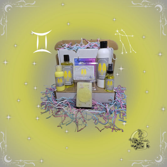 Gemini Zodiac Full Gift Set – bright and versatile handcrafted collection featuring bath, soap, lotion, shower gel, and perfume in golden-yellow tones reflecting duality and creativity.