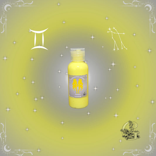Gemini Zodiac Lotion – bright, lightweight lotion representing dual energy and adaptability in yellow hues.
