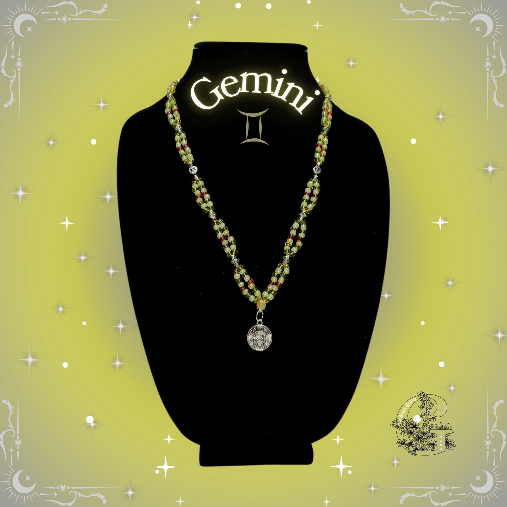 Gemini Zodiac Necklace – handcrafted beaded necklace in yellow tones with the Gemini symbol, representing duality and adaptability.