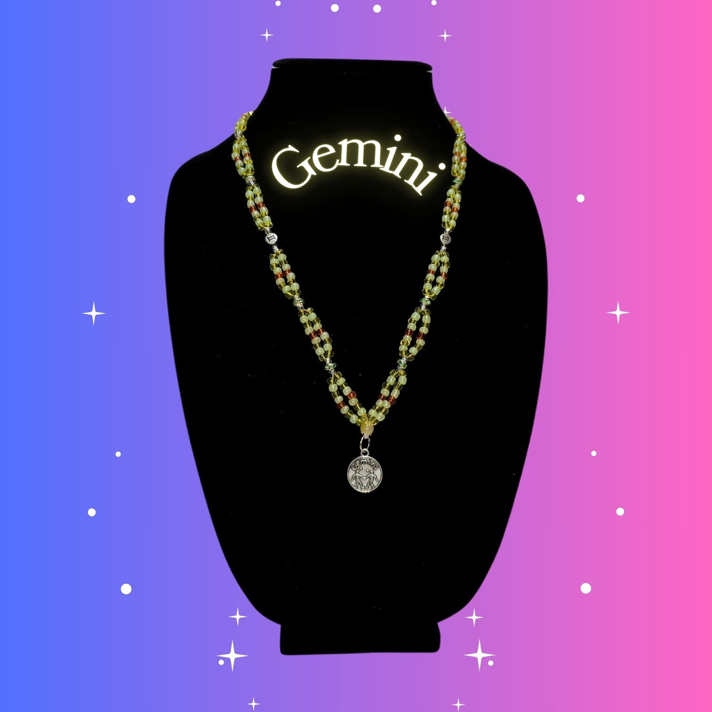 Gemini Zodiac Necklace – handmade yellow, green, and orange beaded necklace with silver-tone Gemini pendant, crafted by Gitana Mystical Products.