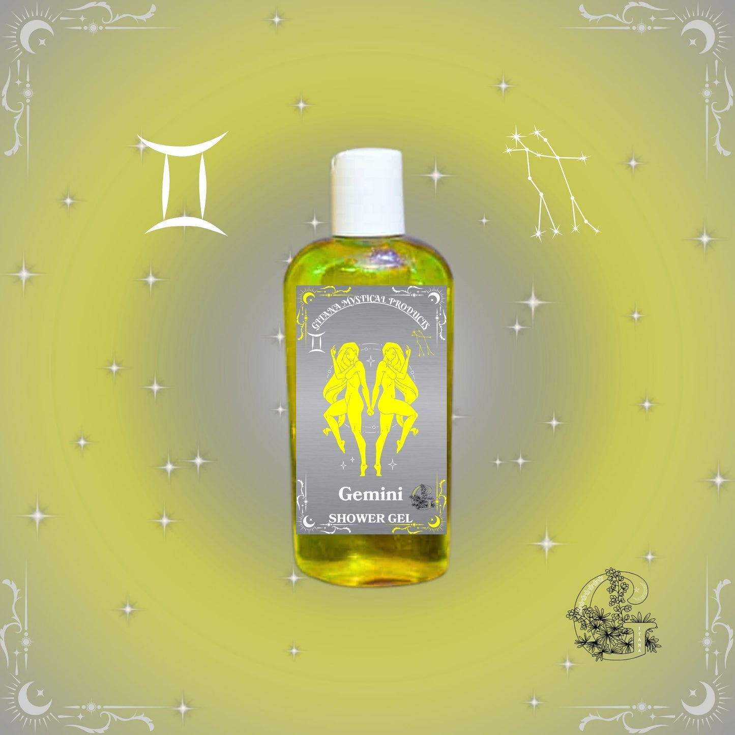 Gemini Zodiac Shower Gel – refreshing dual-energy cleanser in yellow glow design symbolizing adaptability.