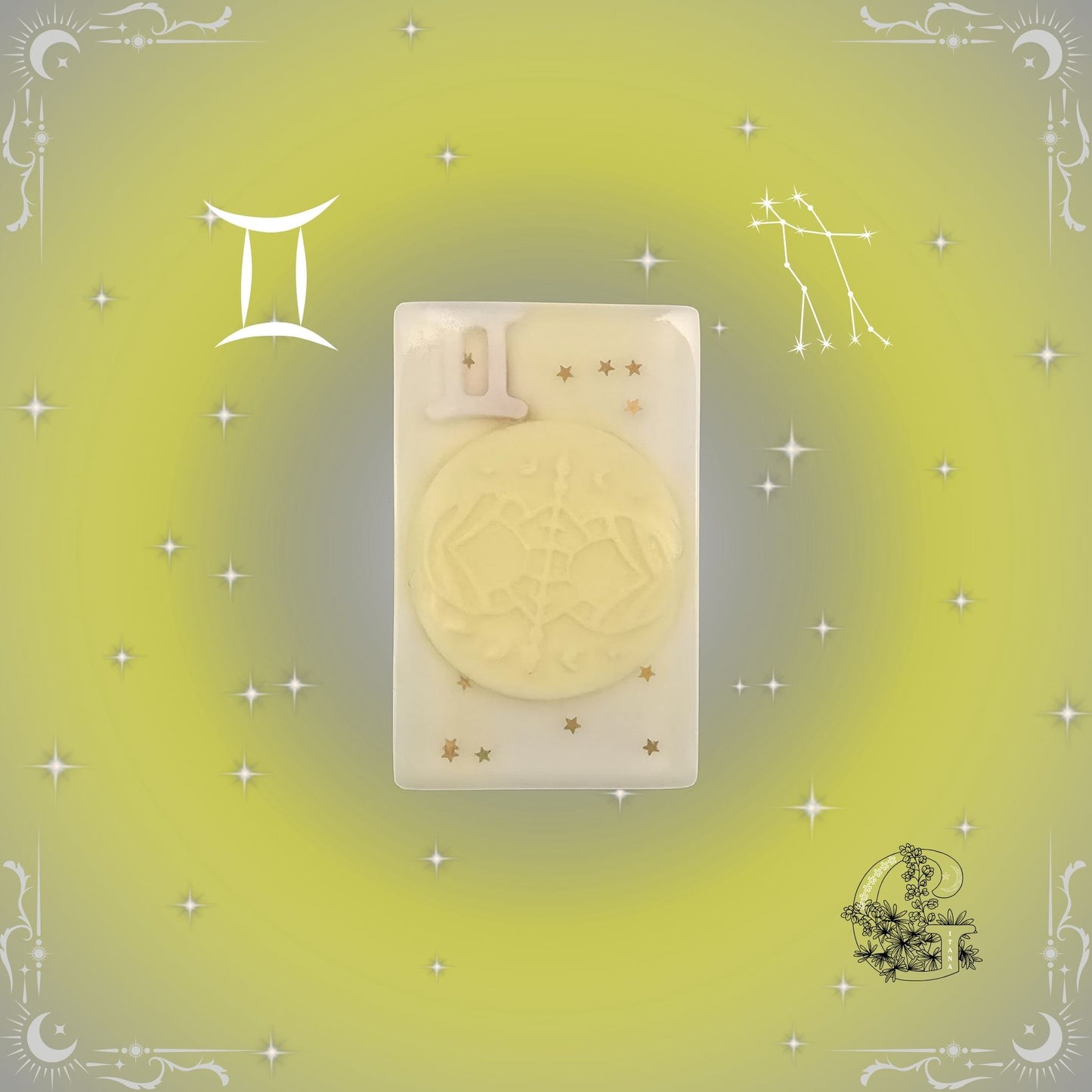 Gemini Zodiac Soap – uplifting handcrafted soap with yellow tones reflecting adaptability and dual energy.