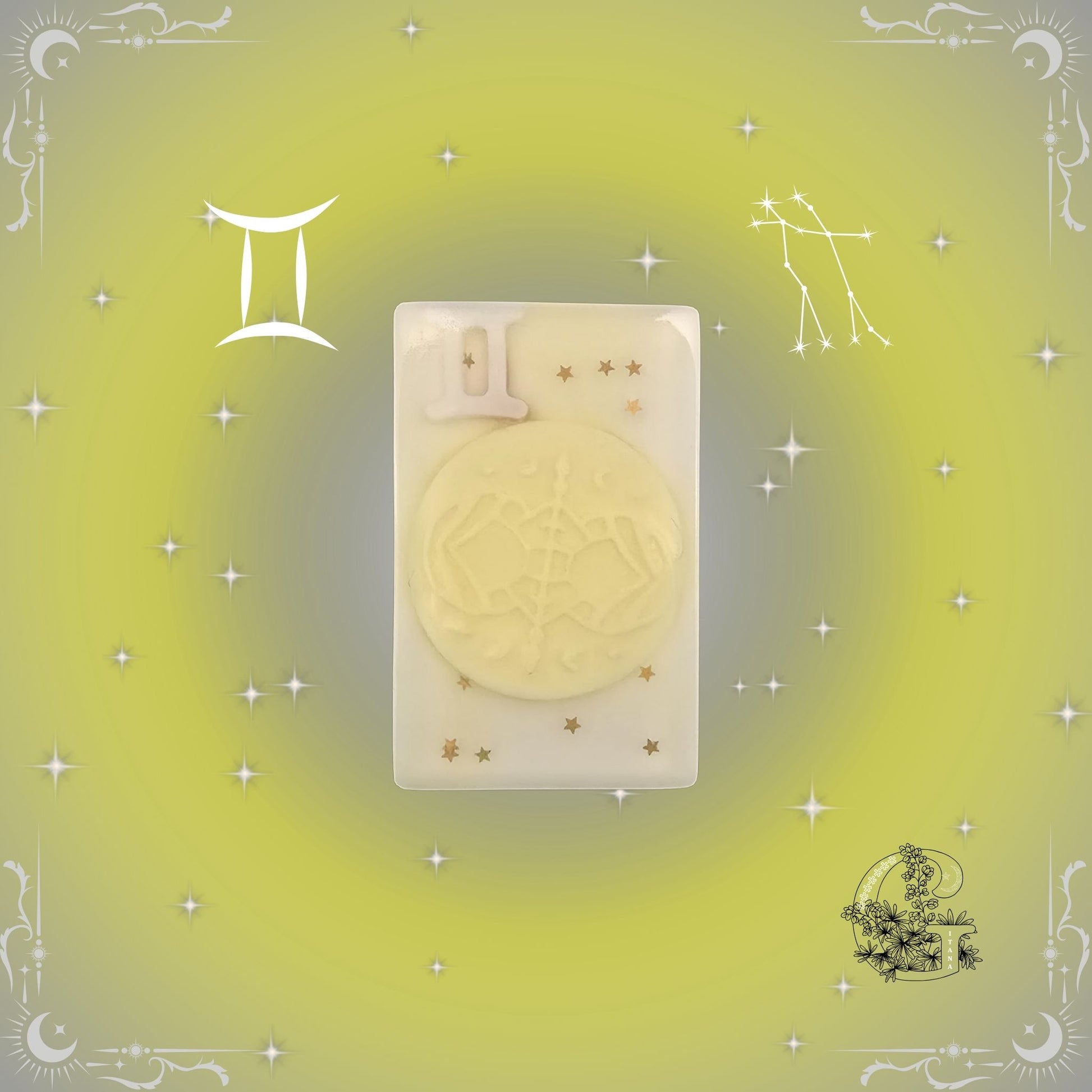 Gemini Zodiac Soap – uplifting handcrafted soap with yellow tones reflecting adaptability and dual energy.