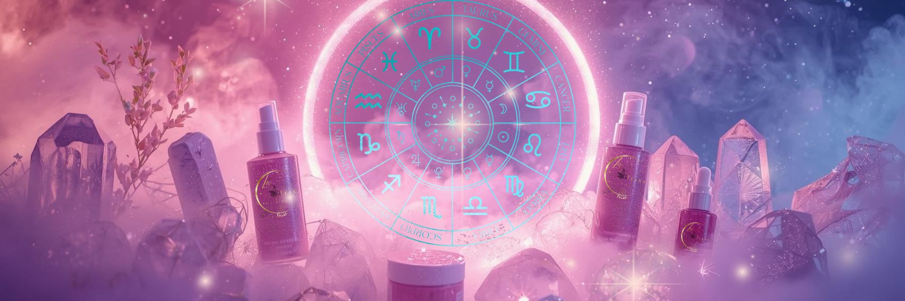 Homepage banner for Gitana Mystical Products – handmade sprays and crystal display with zodiac wheel in a mystical background.