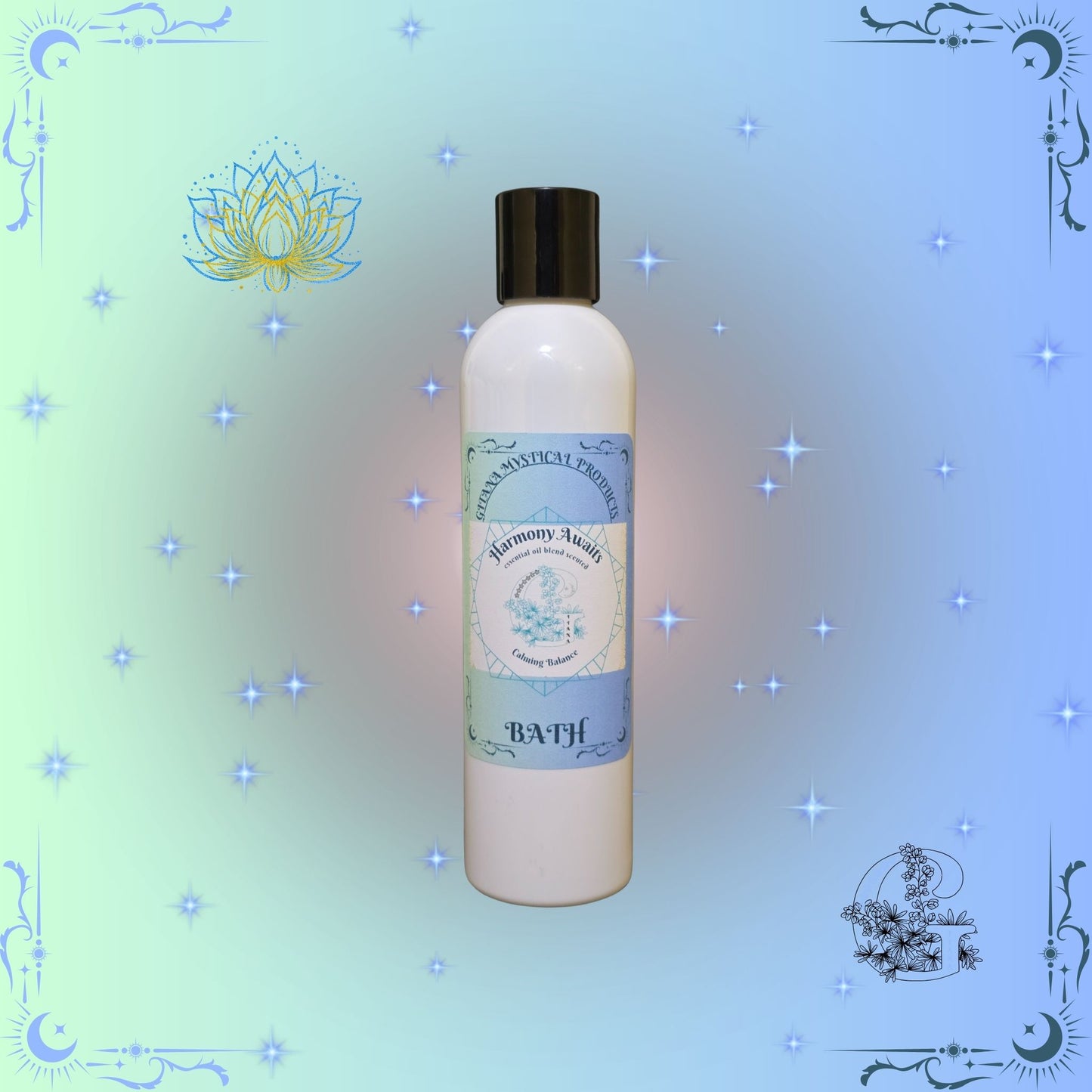 Harmony Awaits Aromatic Bath Soak – calming handcrafted soak designed to promote relaxation and inner balance in soft blue tones.