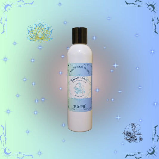 Harmony Awaits Aromatic Bath Soak – calming handcrafted soak designed to promote relaxation and inner balance in soft blue tones.