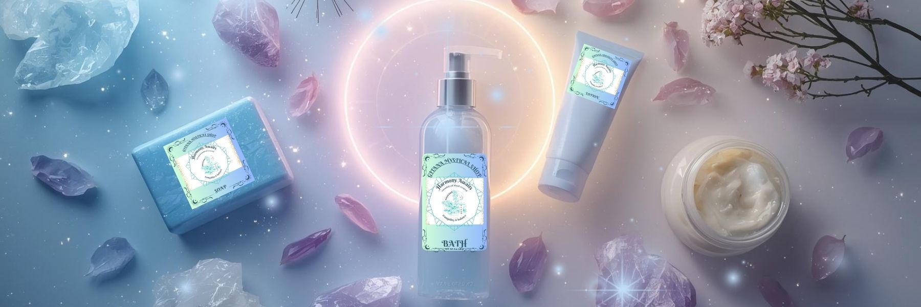Harmony Awaits Collection banner by Gitana Mystical Products – calming pastel display with handmade bath wash, lotion, and cream.