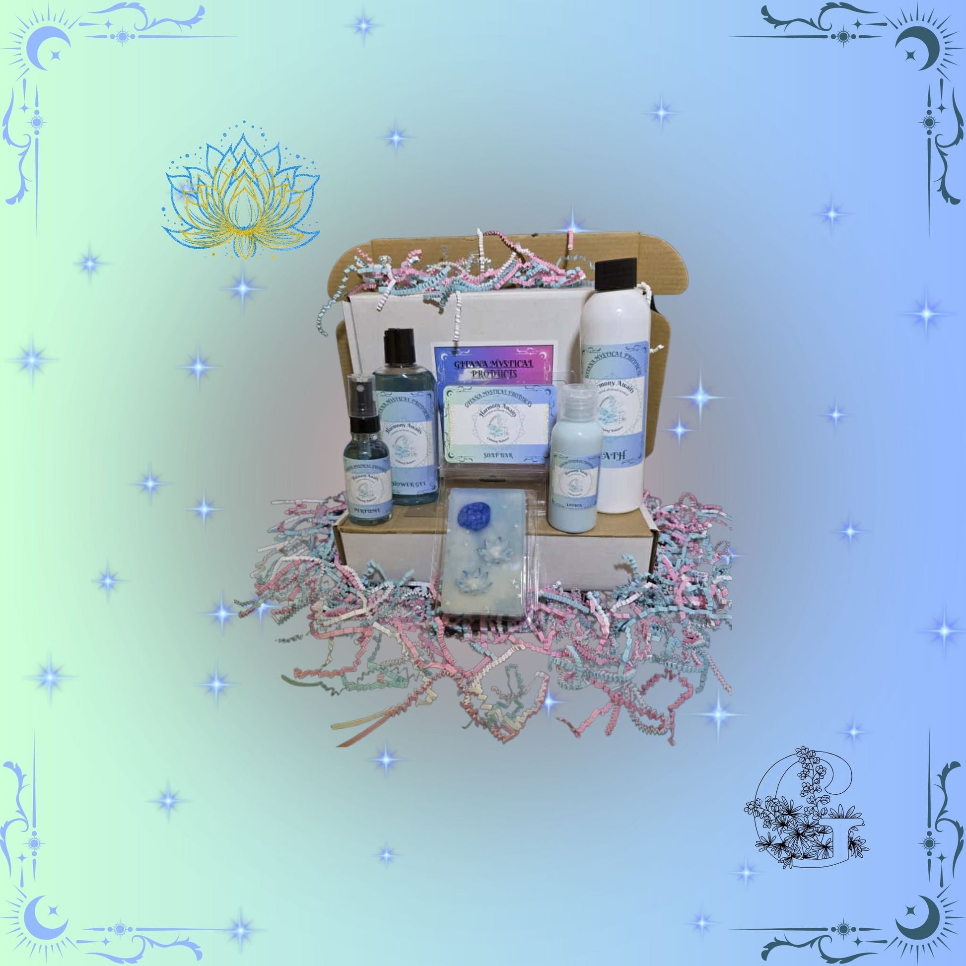 Harmony Awaits Full Gift Set – calming handcrafted collection featuring bath, soap, lotion, shower gel, and perfume designed to promote peace, serenity, and emotional balance.