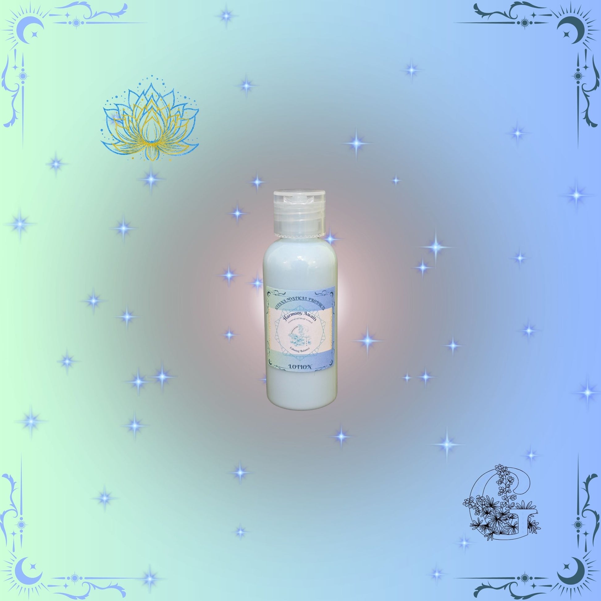Harmony Awaits Lotion – calming, silky moisturizer promoting peace and balance with a soft blue finish.
