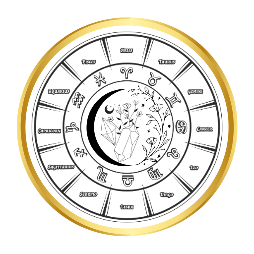Zodiac wheel around a crescent moon with floral crystal — zodiac and nature-inspired