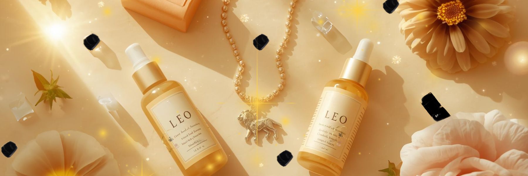Leo Zodiac Collection banner by Gitana Mystical Products – golden display with handmade soap, lotion, sprays, and Leo zodiac necklace.