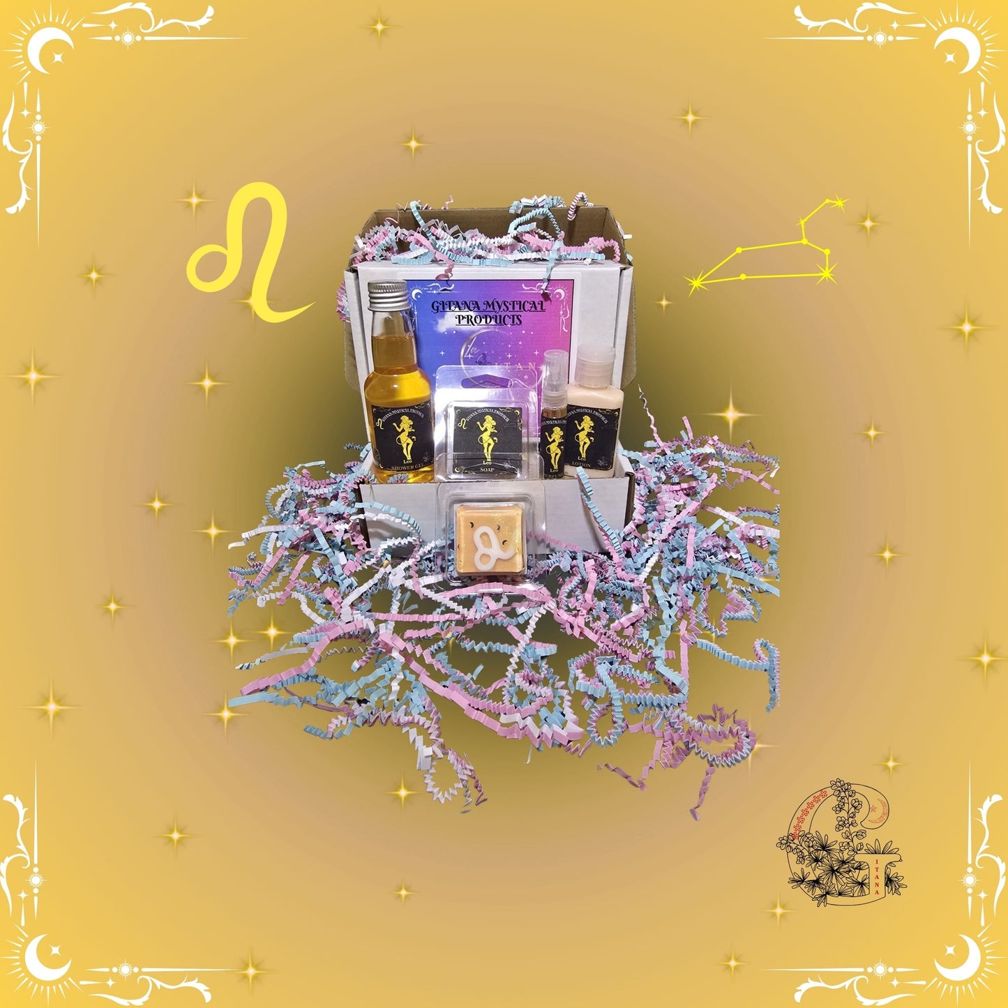 Leo Zodiac Mini Gift Set – radiant handcrafted collection featuring mini bath, soap, lotion, and perfume in golden hues for confidence and energy.