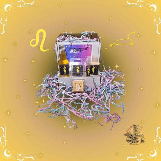 Leo Zodiac Mini Gift Set – radiant handcrafted collection featuring mini bath, soap, lotion, and perfume in golden hues for confidence and energy.