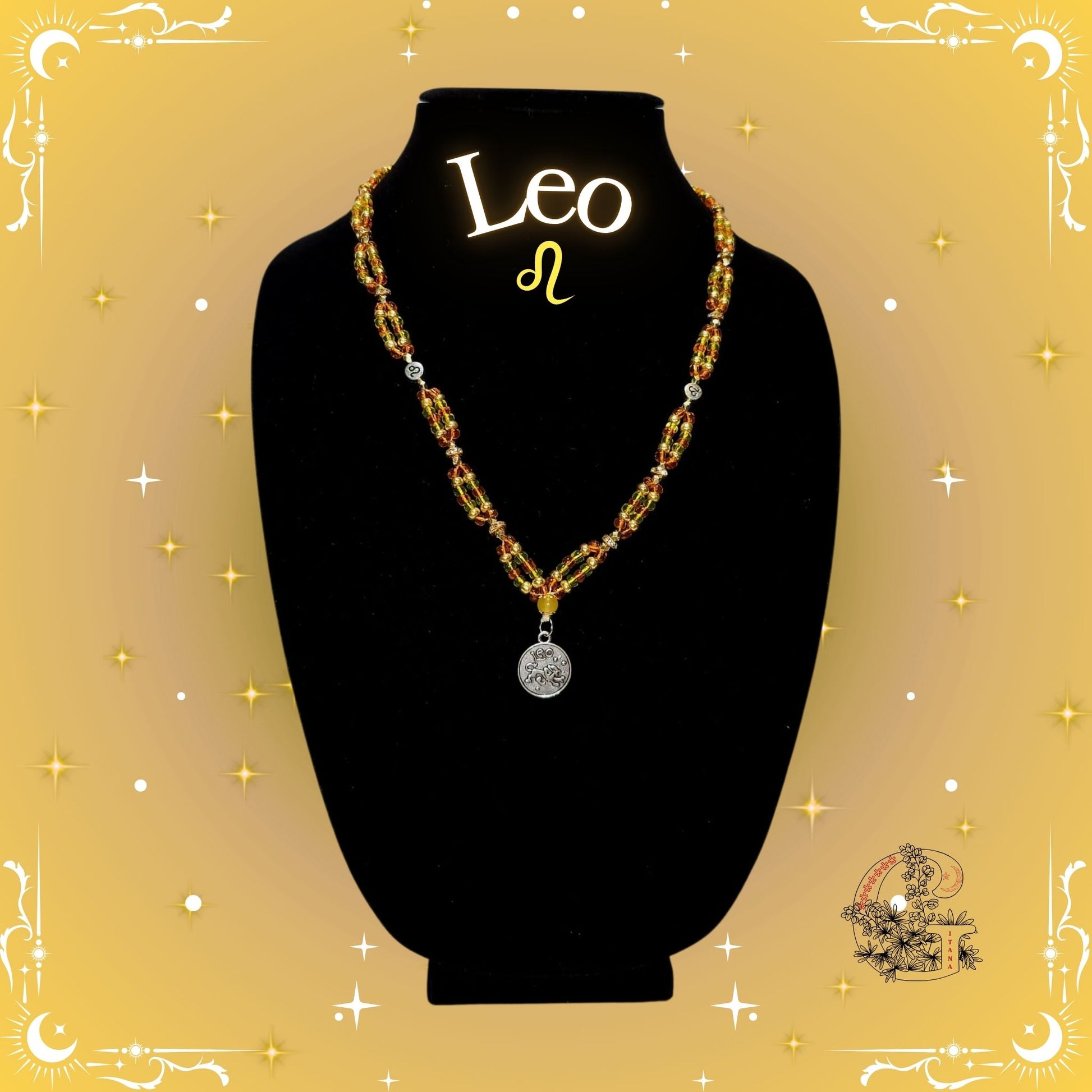 Leo Zodiac Necklace – handcrafted beaded necklace in golden hues with the Leo symbol, representing passion, confidence, and warmth.