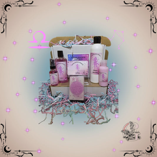 Libra Zodiac Full Gift Set – elegant handcrafted collection featuring bath, soap, lotion, shower gel, and perfume in pink-beige tones reflecting peace, beauty, and balance.
