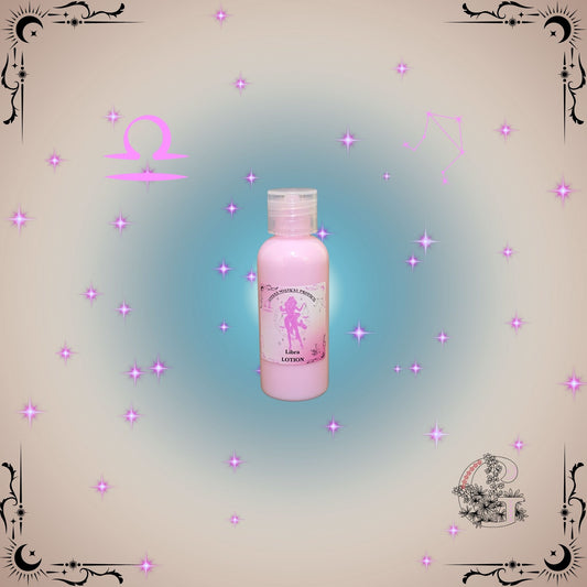 Libra Zodiac Lotion – harmonious, silky lotion in pink-beige tones promoting balance and elegance.