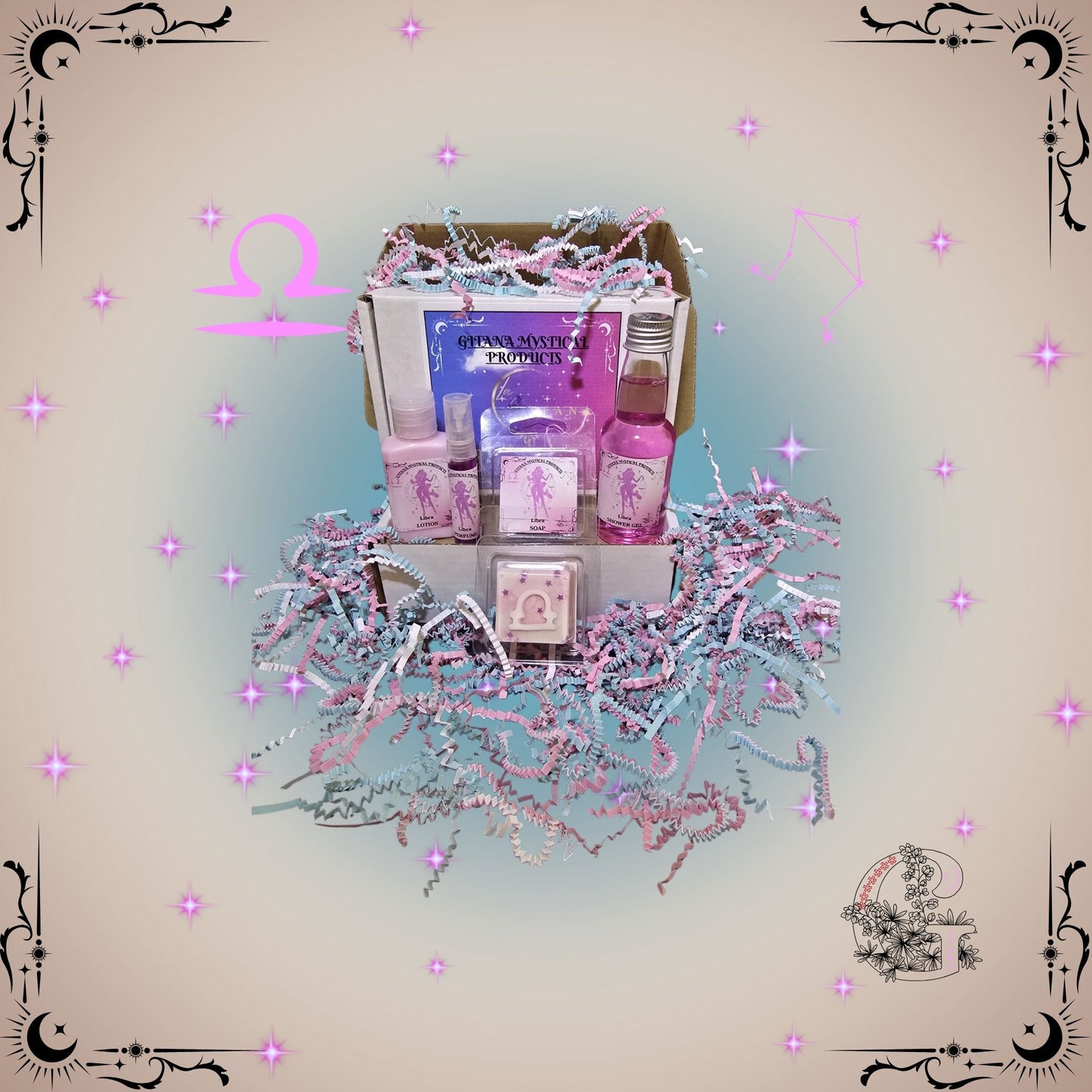 Libra Zodiac Mini Gift Set – elegant handcrafted collection featuring mini bath, soap, lotion, and perfume in pink-beige tones representing peace and beauty.