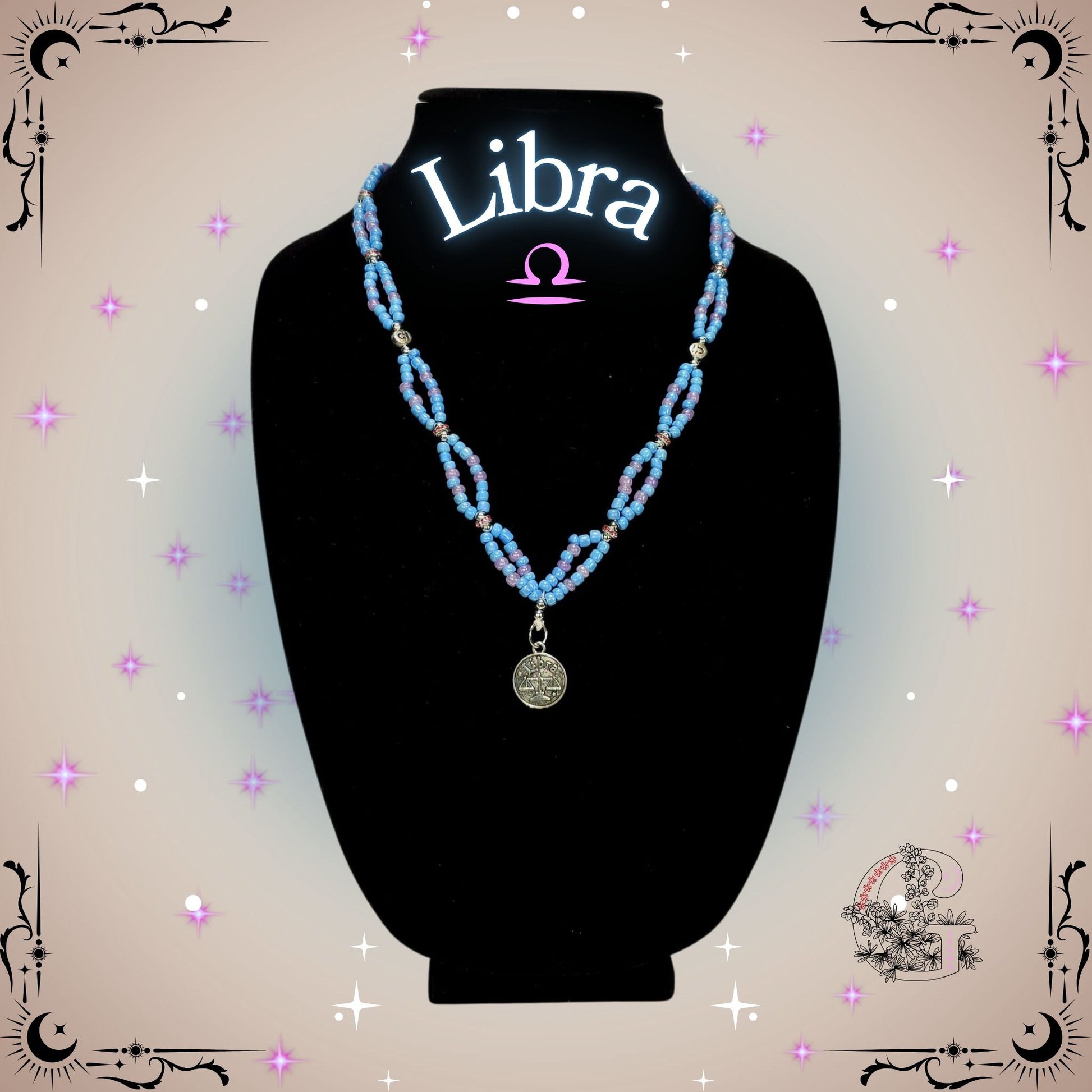 Libra Zodiac Necklace – handcrafted beaded necklace in pink-beige tones featuring the Libra symbol, representing harmony and elegance.