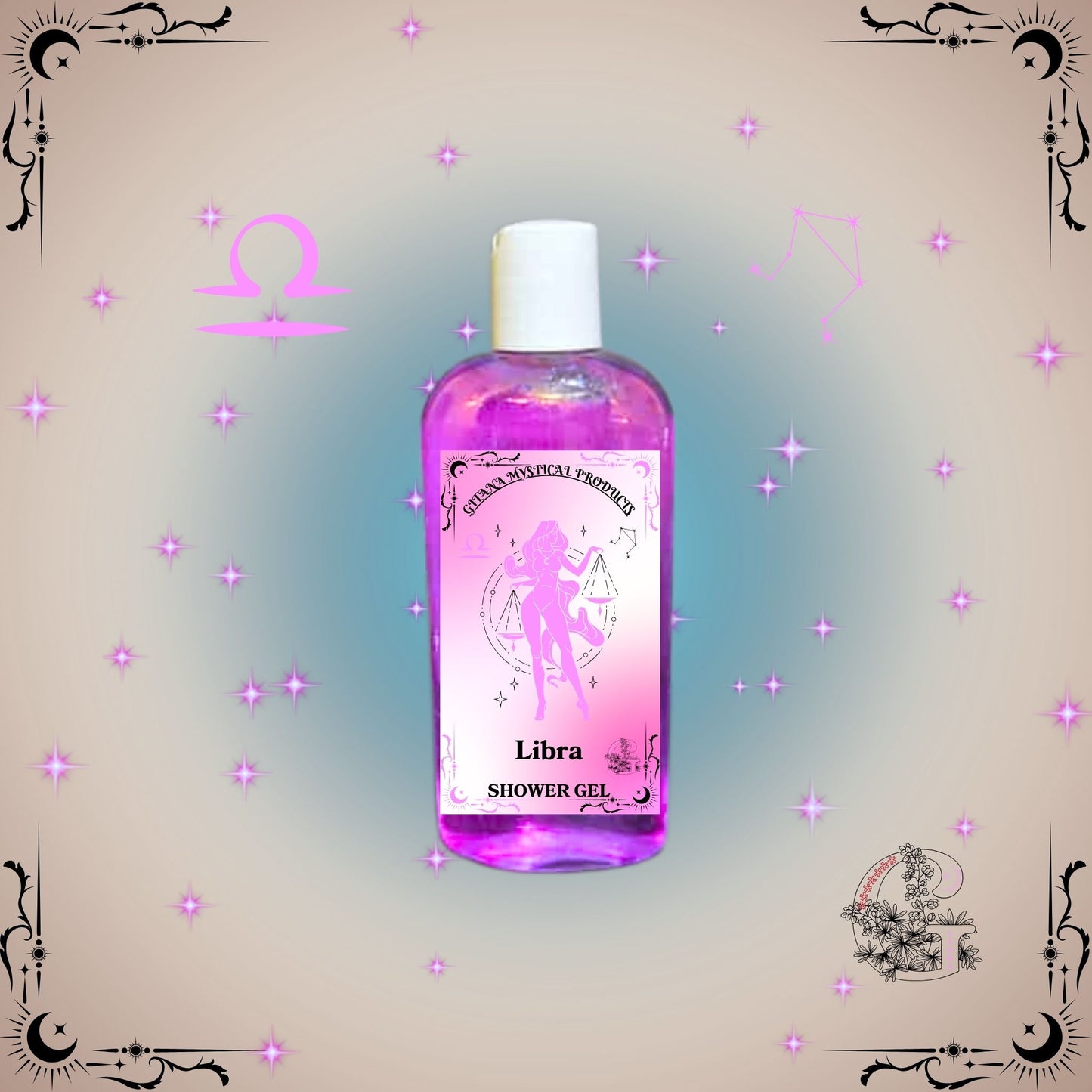 Libra Zodiac Shower Gel – harmonious and elegant cleanser in pink and beige tones promoting balance and peace.