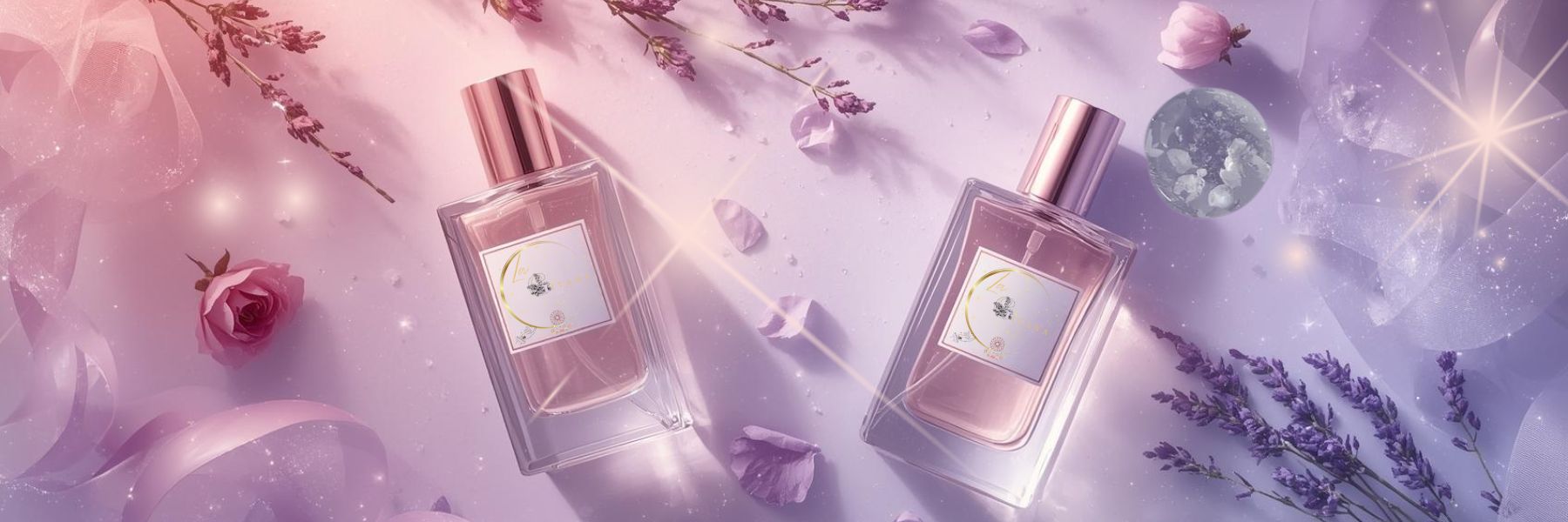 Perfume Collection banner by Gitana Mystical Products – glass spray perfume bottles with mystical floral background.