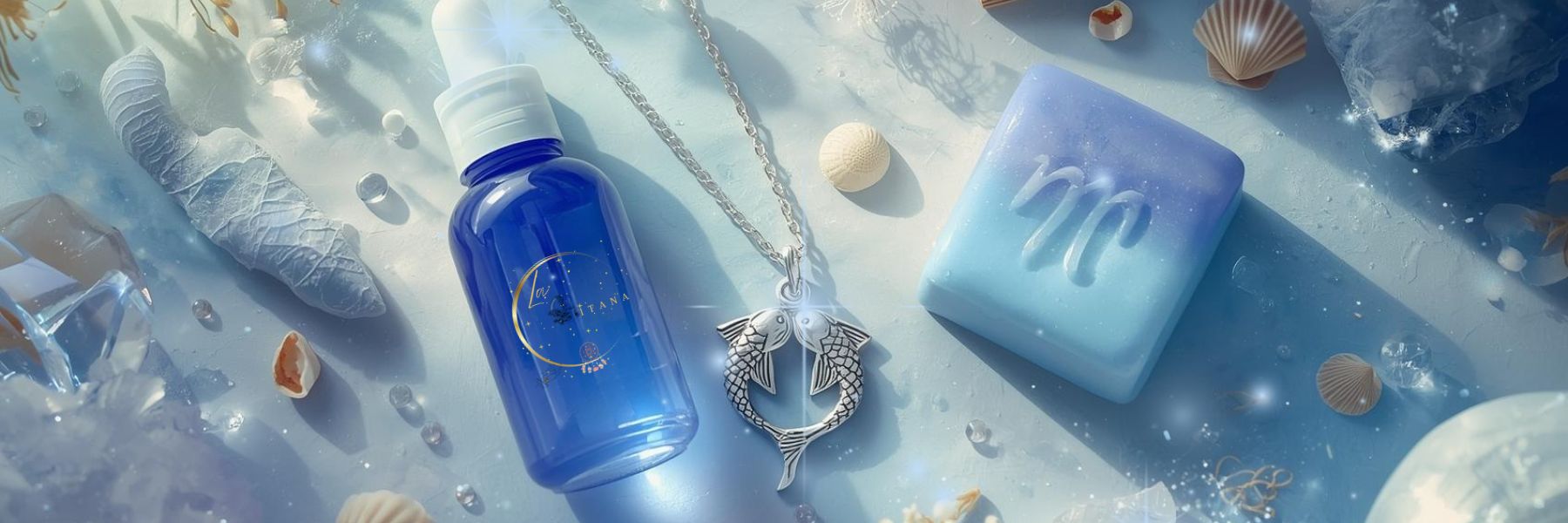 Pisces Zodiac Collection banner by Gitana Mystical Products – ocean blue set with handmade soap, spray, perfume, and Pisces zodiac necklace.