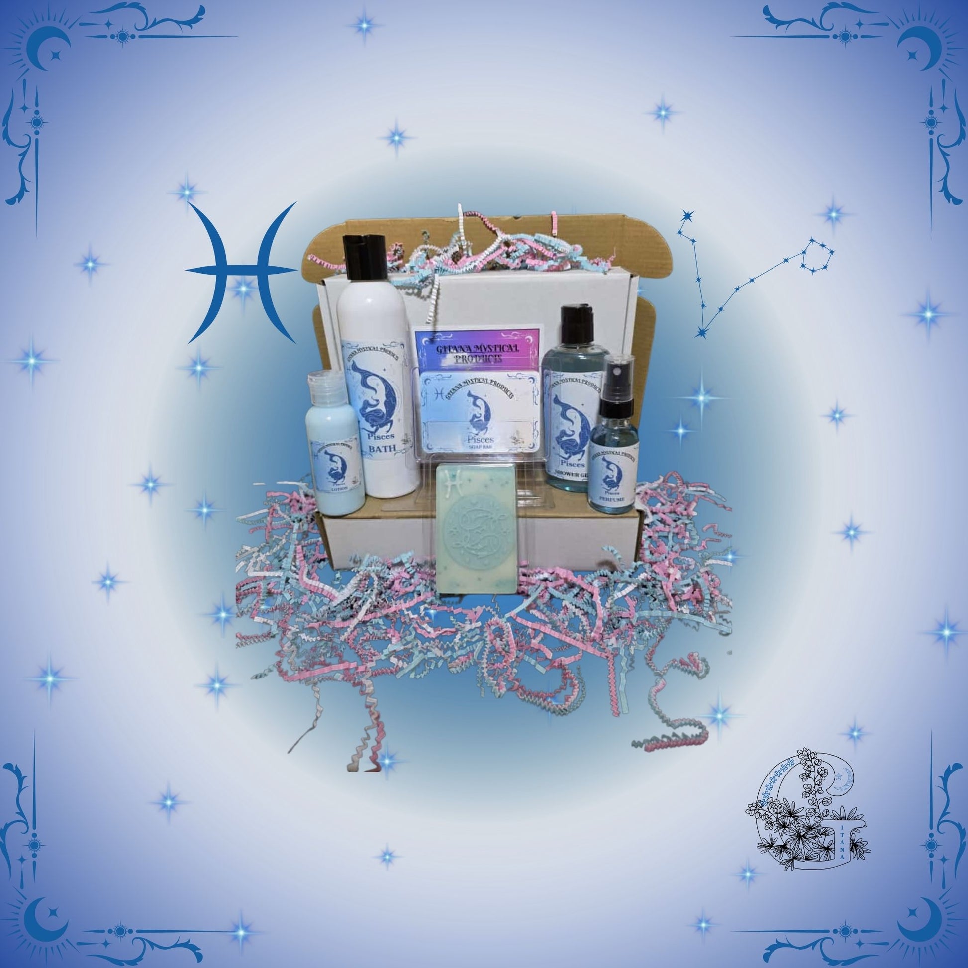 Pisces Zodiac Full Gift Set – dreamy handcrafted collection featuring bath, soap, lotion, shower gel, and perfume in ocean-blue tones evoking calm and imagination.