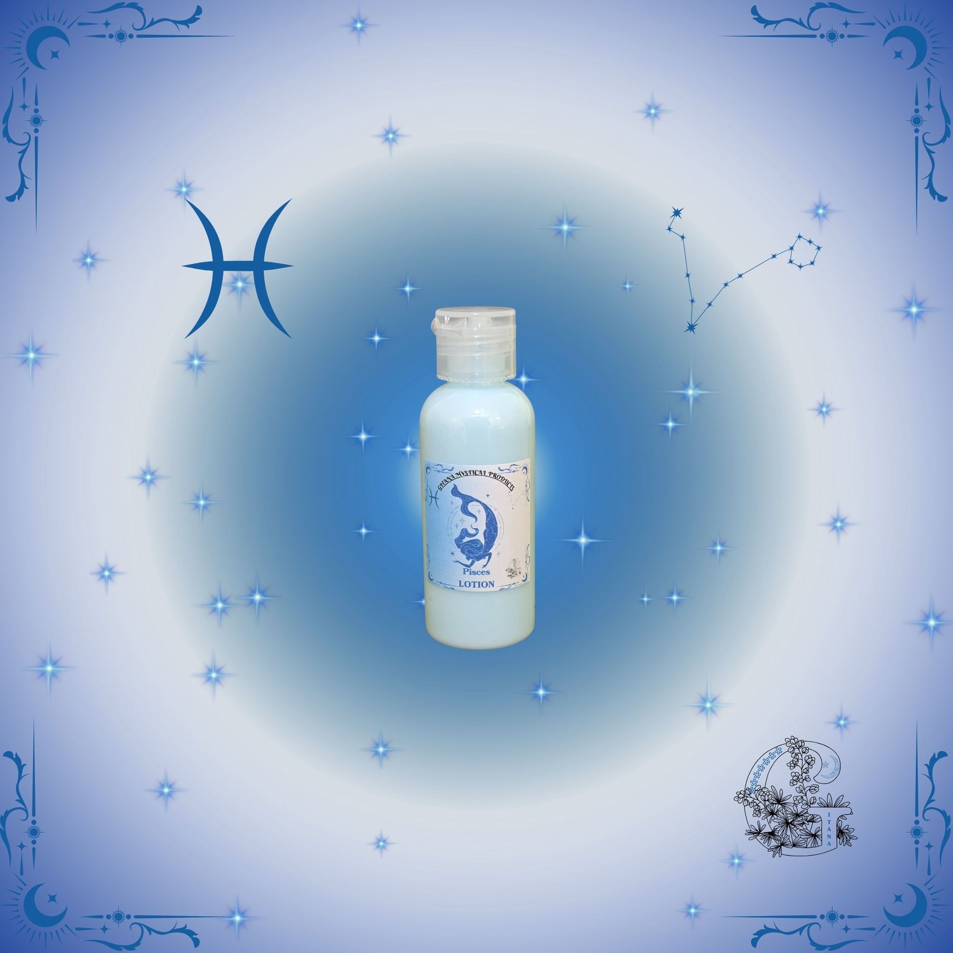 Pisces Zodiac Lotion – dreamy, lightweight lotion with soft ocean blue tones promoting serenity.