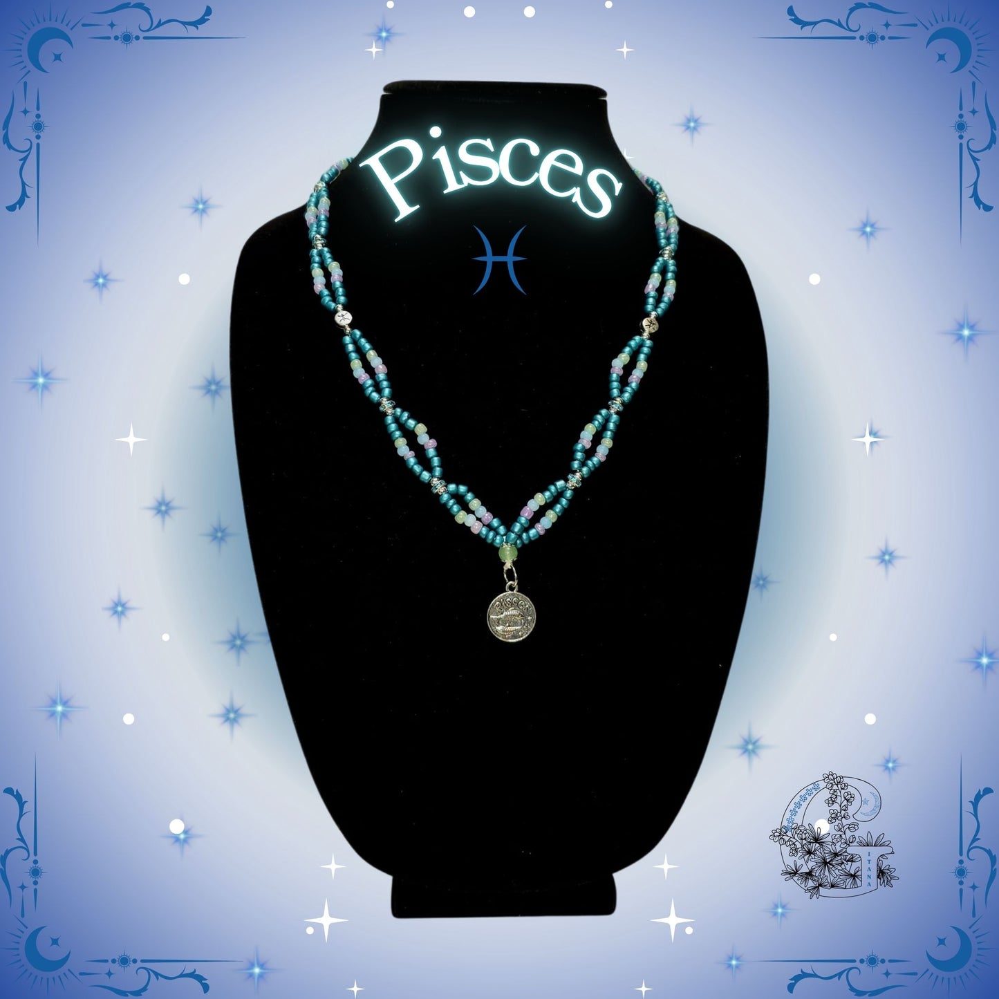Pisces Zodiac Necklace – handcrafted beaded necklace in ocean-blue tones with the Pisces symbol, representing calm energy and imagination.