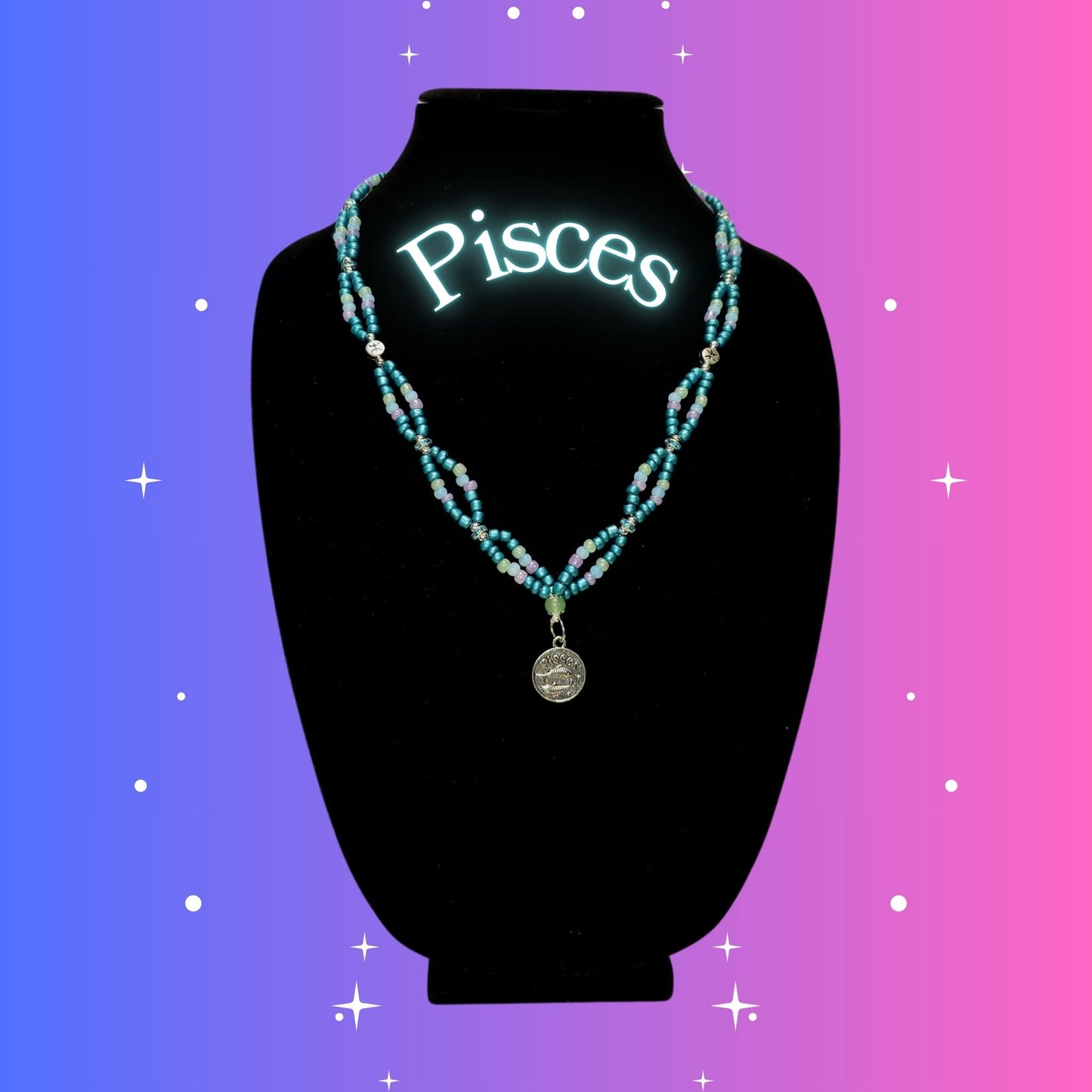 Pisces Zodiac Necklace – handmade turquoise and white beaded necklace with silver-tone Pisces pendant, crafted by Gitana Mystical Products.