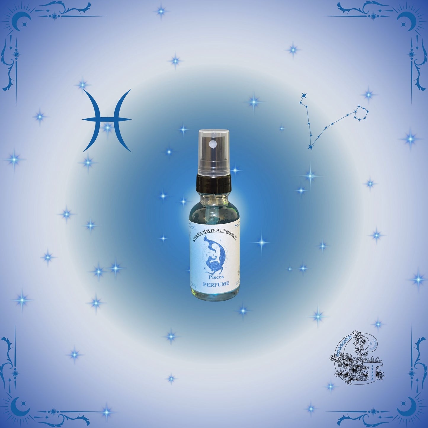 Pisces Zodiac Perfume – dreamy and tranquil fragrance with ocean-inspired blue tones promoting serenity.