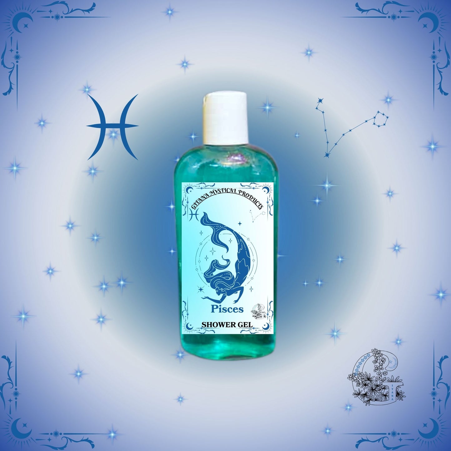 Pisces Zodiac Shower Gel – dreamy and tranquil cleanser in soft blue tones representing calm and intuition.