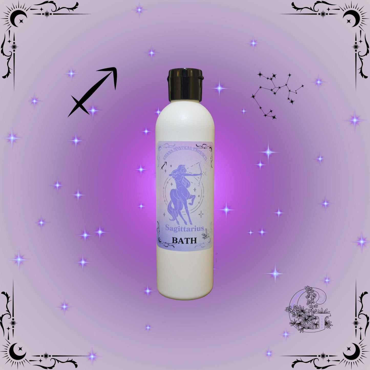 Sagittarius Zodiac Aromatic Bath Soak – adventurous and uplifting handcrafted soak with purple aura glow.
