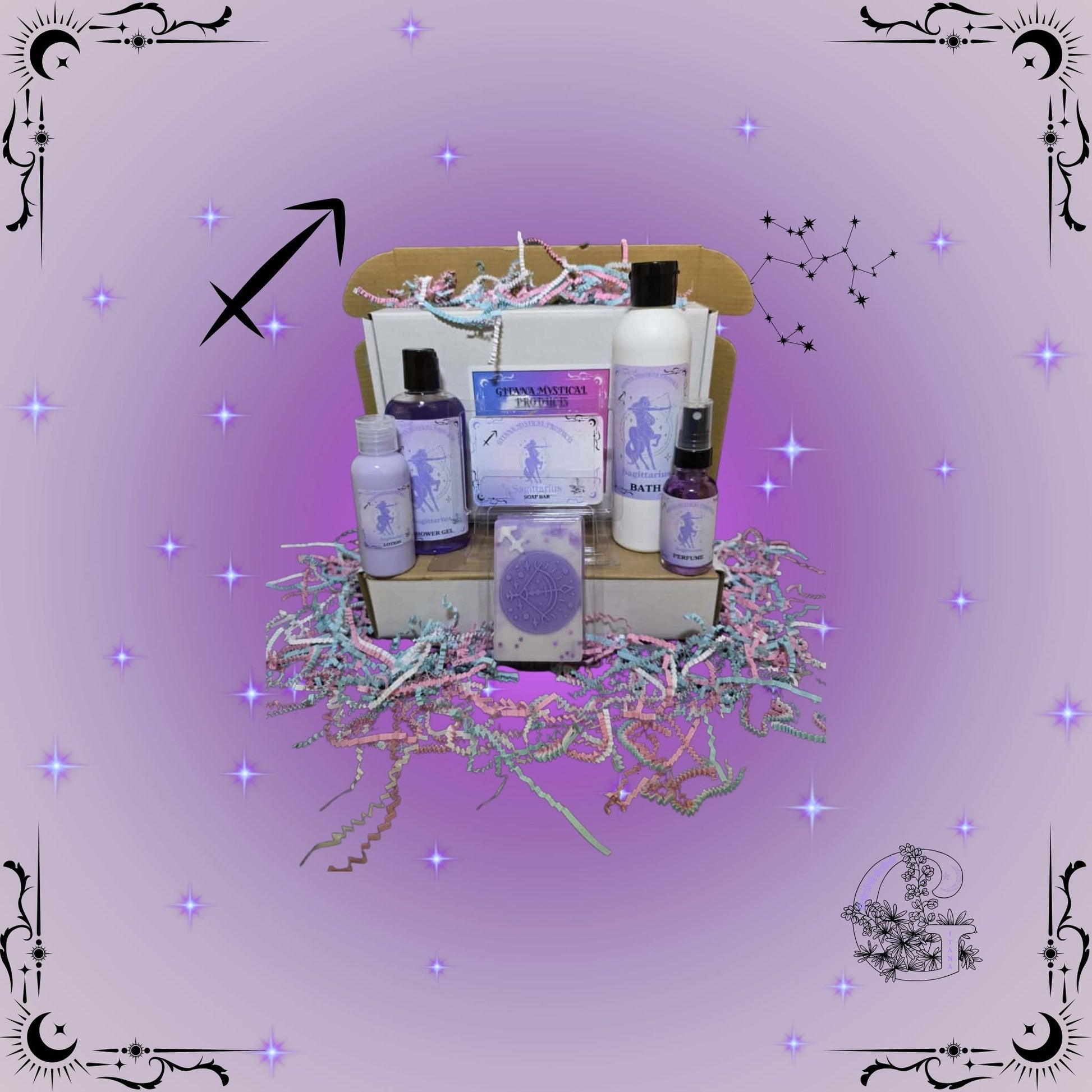 Sagittarius Zodiac Full Gift Set – uplifting handcrafted collection featuring bath, soap, lotion, shower gel, and perfume in violet-purple hues representing adventure and optimism.