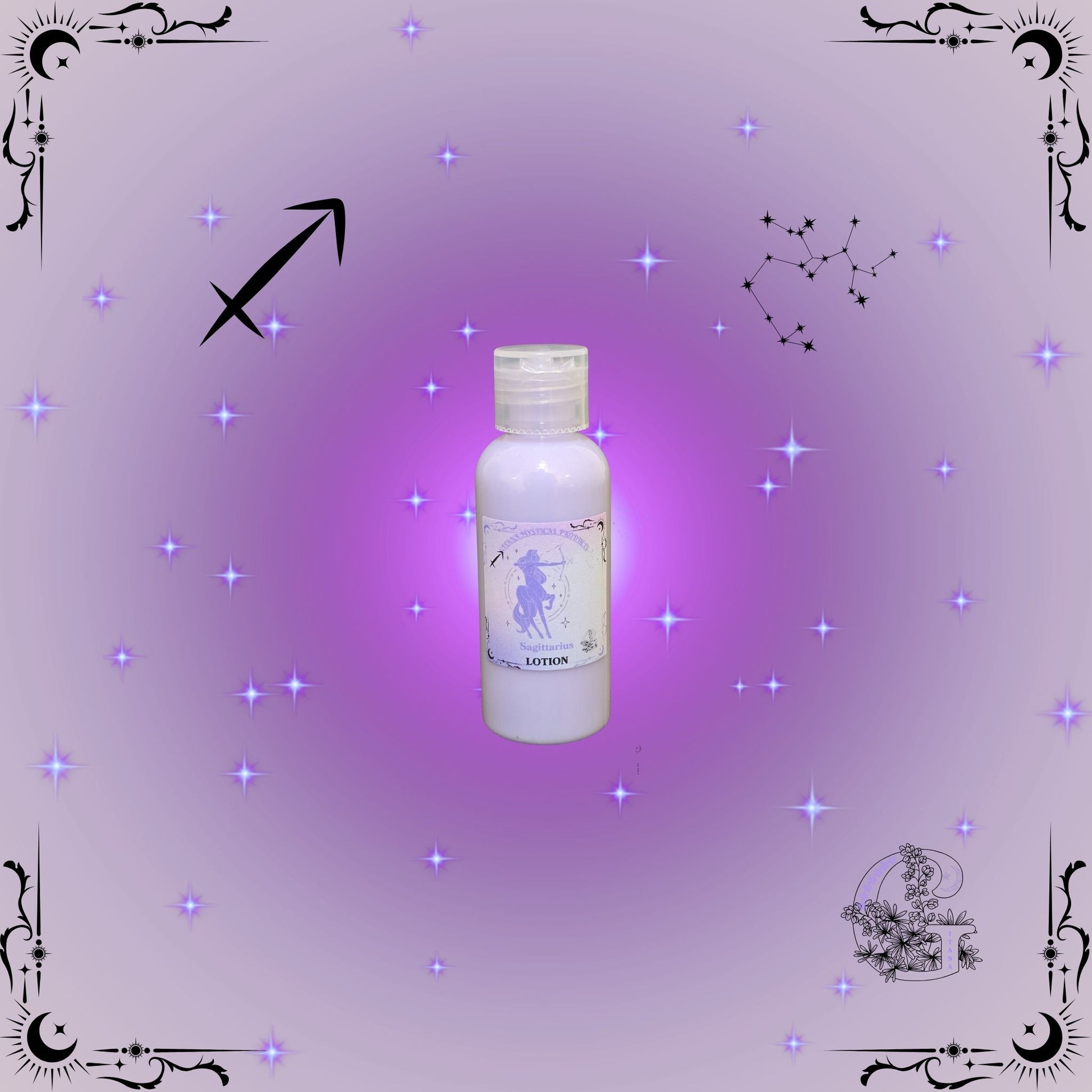 Sagittarius Zodiac Lotion – adventurous, uplifting lotion with purple glow symbolizing expansion and freedom.