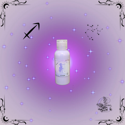 Sagittarius Zodiac Lotion – adventurous, uplifting lotion with purple glow symbolizing expansion and freedom.