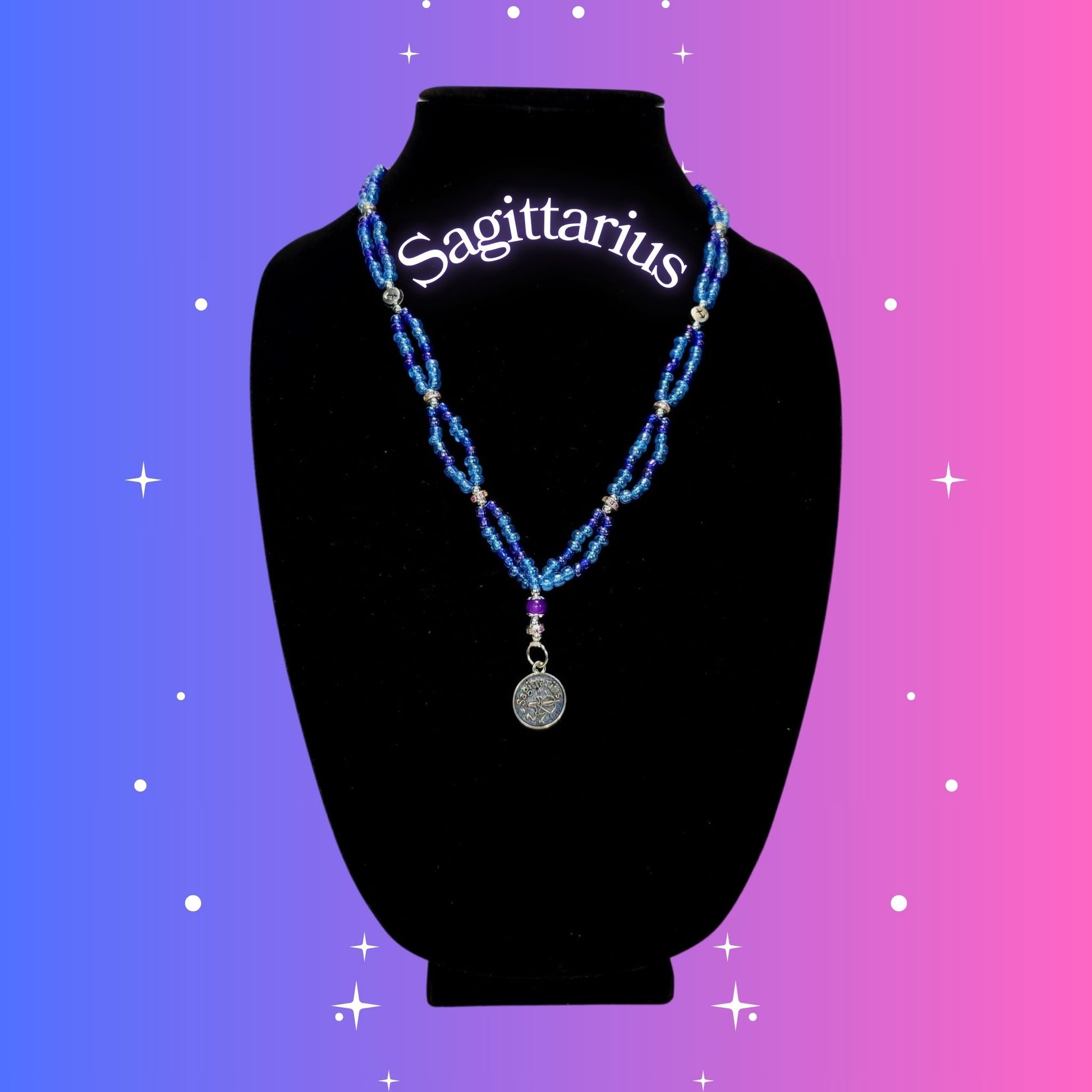 Sagittarius Zodiac Necklace – handmade purple and blue beaded necklace with silver-tone Sagittarius pendant, crafted by Gitana Mystical Products.