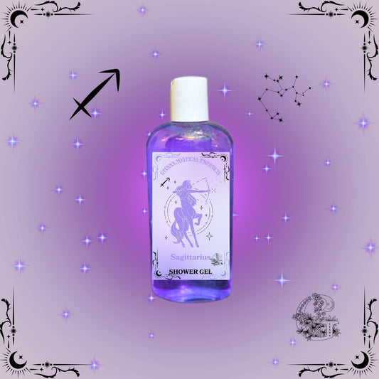 Sagittarius Zodiac Shower Gel – adventurous and uplifting cleanser with purple aura tones representing freedom.