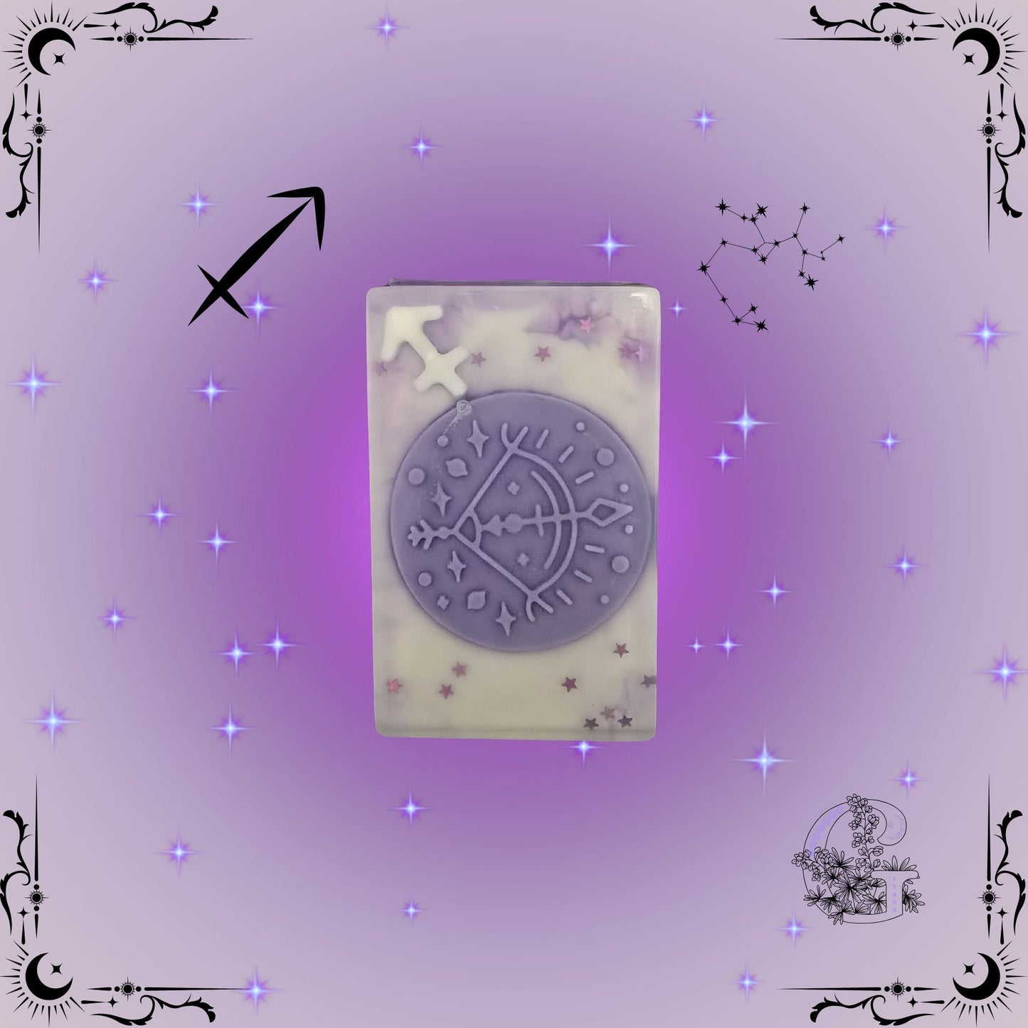 Sagittarius Zodiac Soap – adventurous, uplifting handcrafted soap in purple tones symbolizing freedom and optimism.