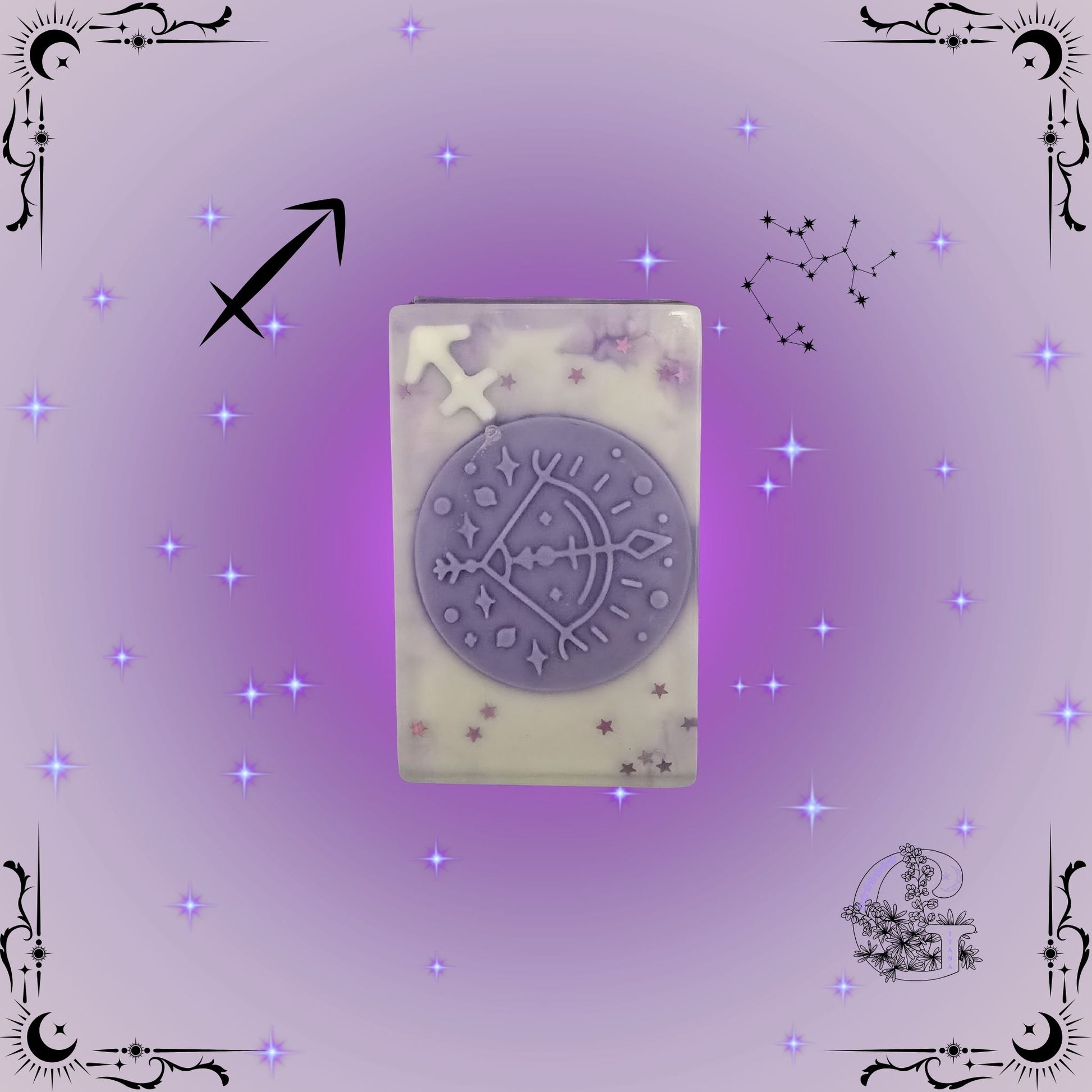 Sagittarius Zodiac Soap – adventurous, uplifting handcrafted soap in purple tones symbolizing freedom and optimism.