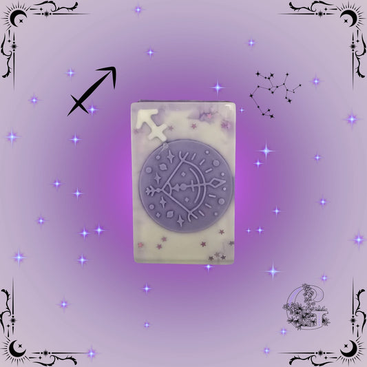 Sagittarius Zodiac Soap – adventurous, uplifting handcrafted soap in purple tones symbolizing freedom and optimism.