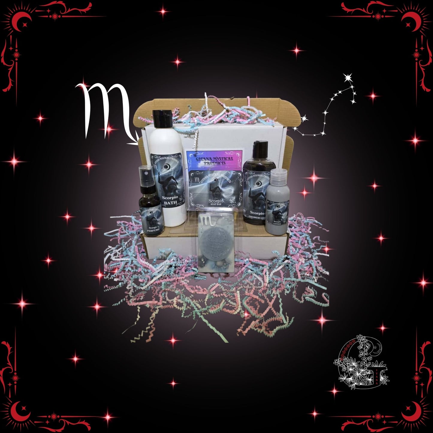 Scorpio Zodiac Full Gift Set – magnetic handcrafted collection featuring bath, soap, lotion, shower gel, and perfume in deep crimson tones symbolizing mystery and passion.