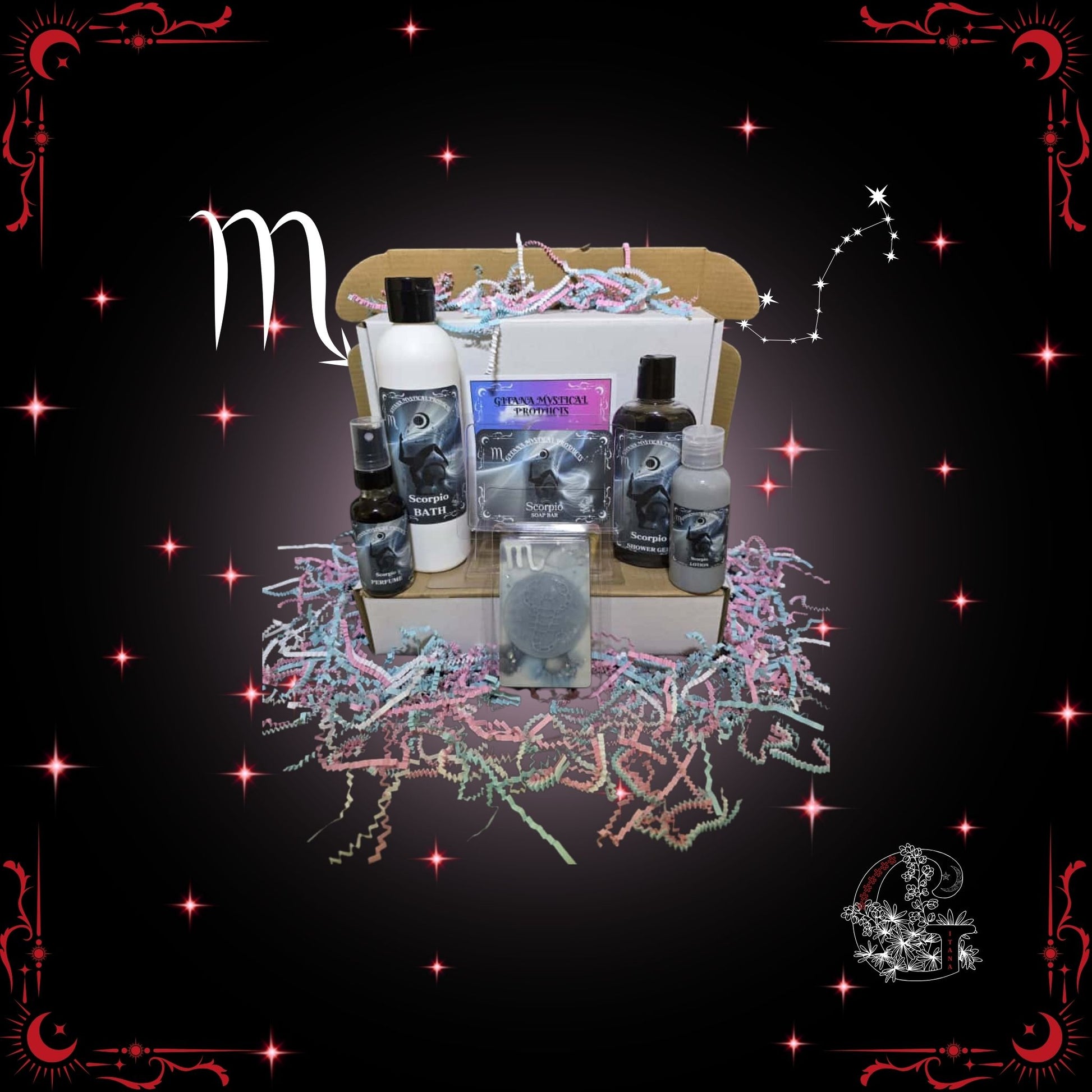 Scorpio Zodiac Full Gift Set – magnetic handcrafted collection featuring bath, soap, lotion, shower gel, and perfume in deep crimson tones symbolizing mystery and passion.
