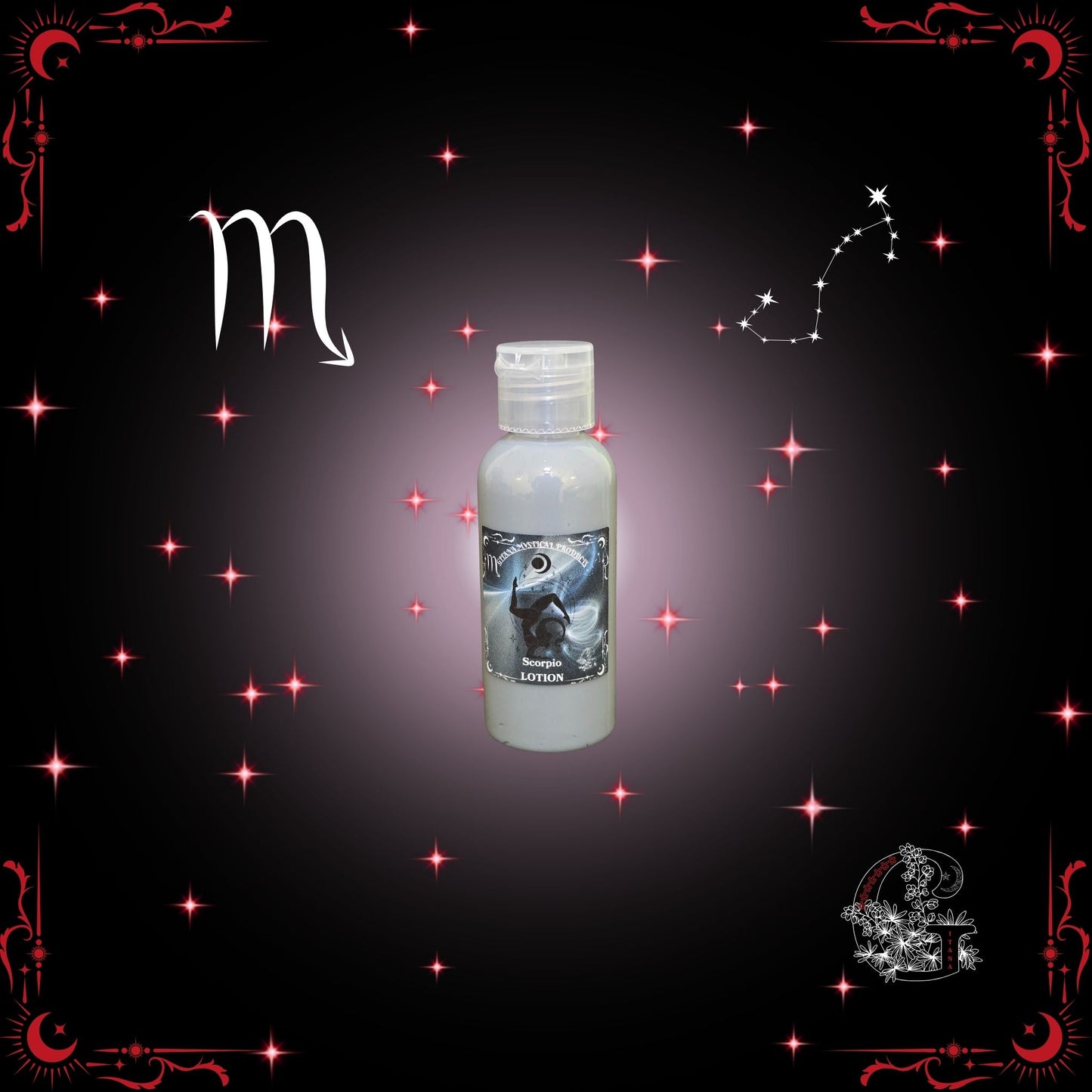 Scorpio Zodiac Lotion – deep, captivating lotion with dark crimson tones symbolizing mystery and allure.
